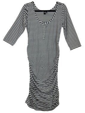 Nom Midi Dress Women's L Black White Striped Ruched 3/4 Sleeve Chic Maternity